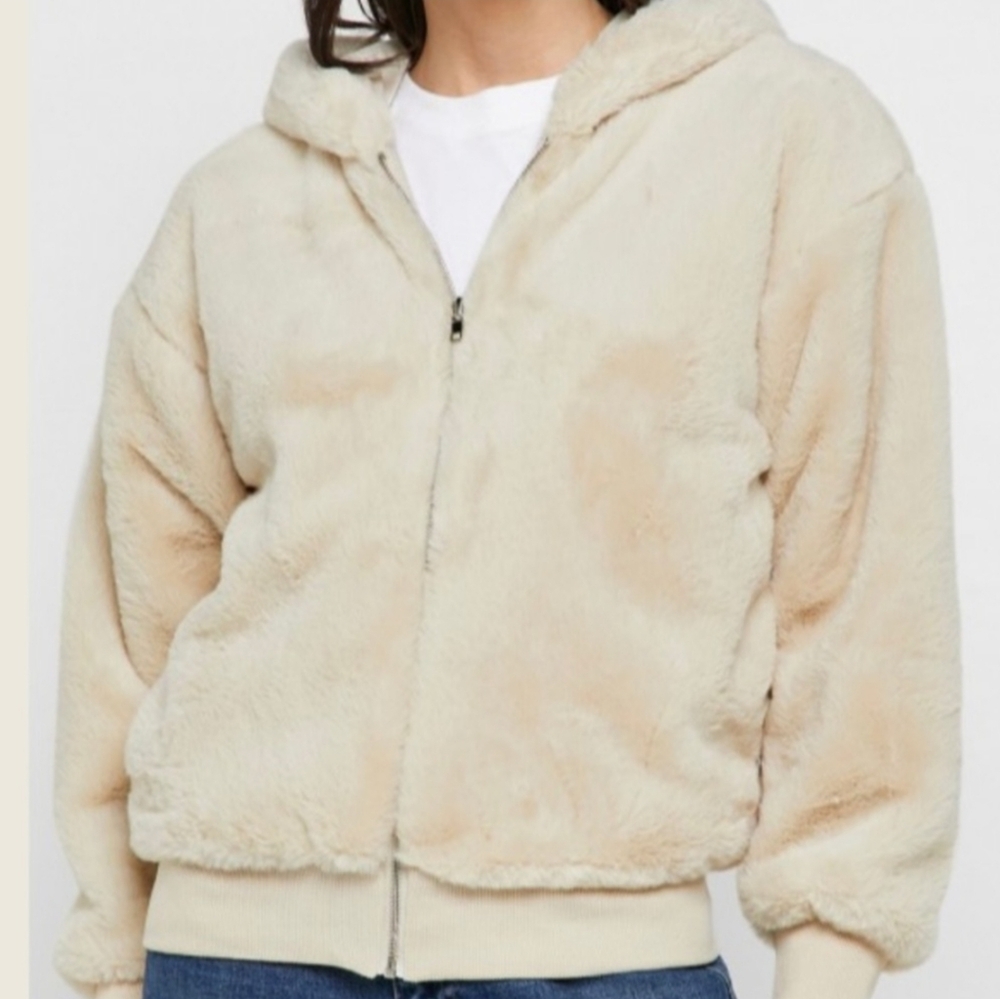 Top‎ Shop Jacket Cream Faux Fur Hooded Bomber - Picture 16 of 16